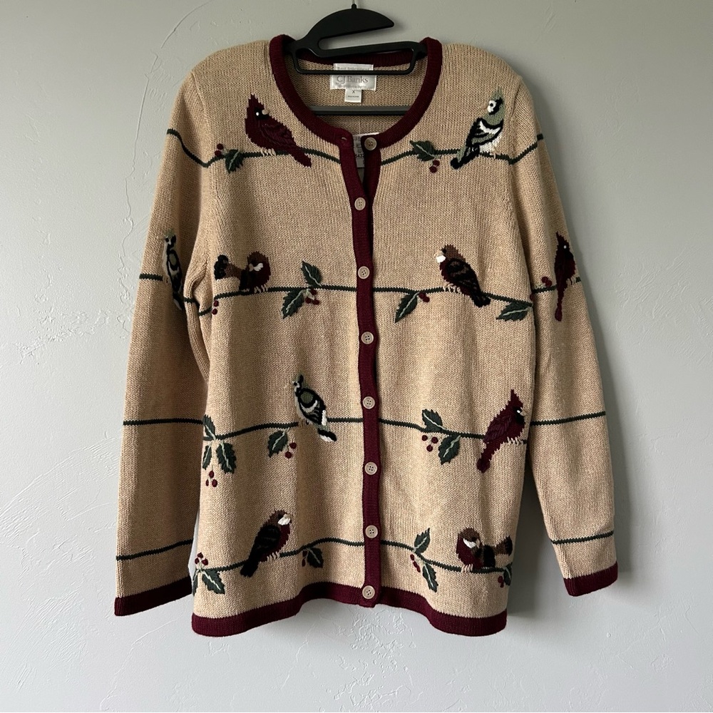Vintage CJ Banks Hand Embroidered Bird Holly Cardinal Cardigan Sweater 0X NWT